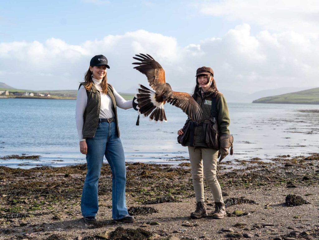 Falconry (47) A bird taking flight from a visitors hand near the water