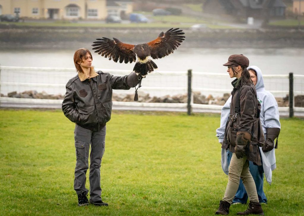 three people under misty rain watching a bird take off
