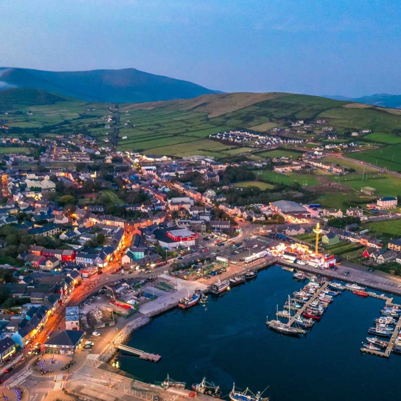 A birds eye view of Dingle at dusk